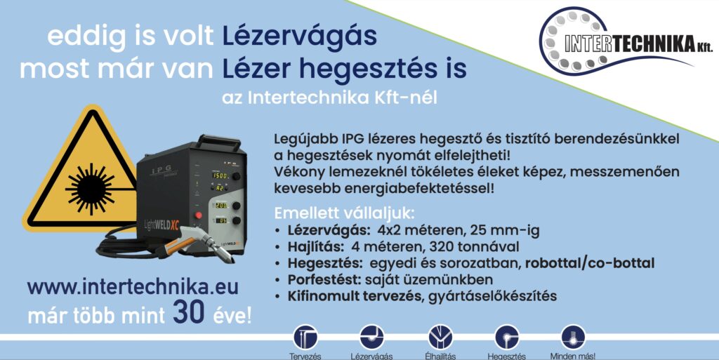 Az Intertechnika lézerhegesztés-hirdetése a berendezés fotójával és a főbb paraméterekkel